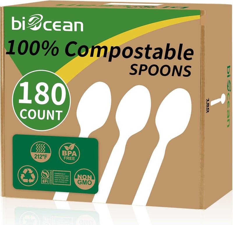 biocean 100% Compostable Spoons 180 Count Disposable Spoons Utensils Set Heavy Duty Spoons Silverware Eco Friendly Flatware for Party Camping Picnics Wedding-Ivory White - Image 1